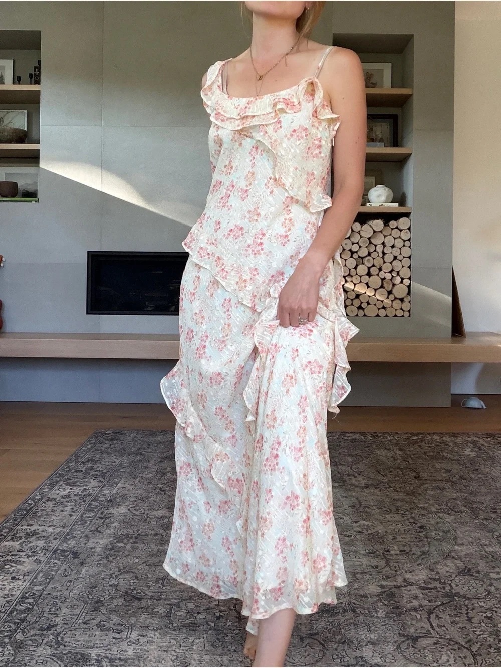 🆕 Storia Cream Maxi Dress with Pink Floral Ruffle Details